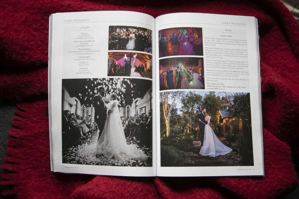 an open page from a magazine, about a wedding. Magazine article about Yarra Valley Weddings