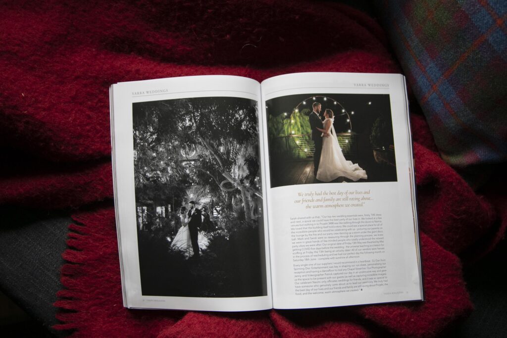 an open page from a magazine, about a wedding.
