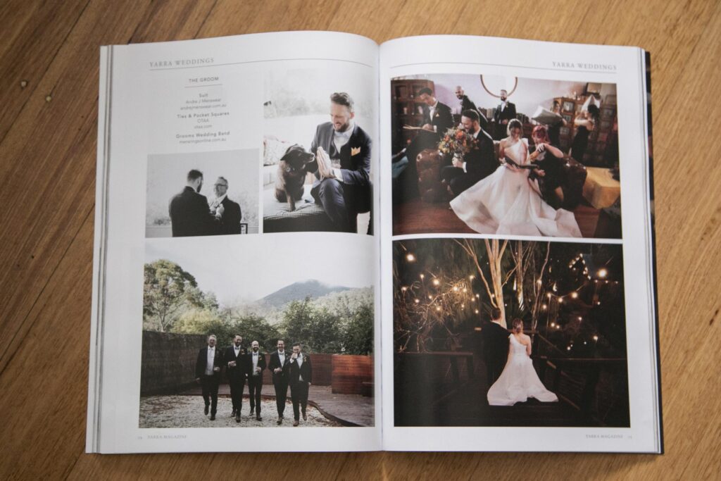 an open page from a magazine, about a wedding. Magazine article about Yarra Valley Weddings