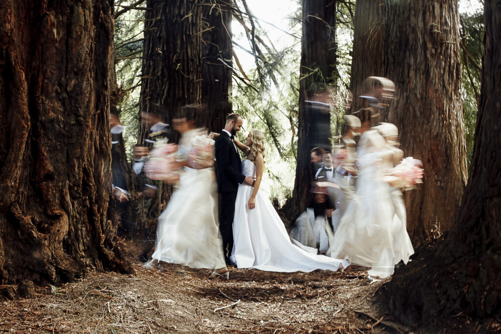 Wedding photo in the redwood forrest. a Bride and groom stand still as the bridal party walk around them.