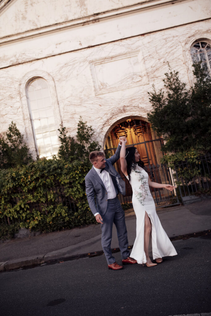 A Melbourne Elopement followed by a  Panama Dining Room Wedding. a Couple having wedding photos in down the laneways streets of Melbourne