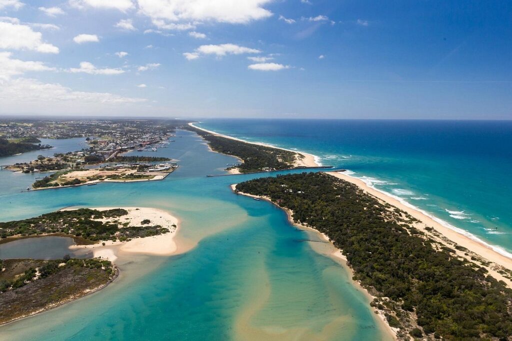 A colour drone image of Lakes Entrance Victoria