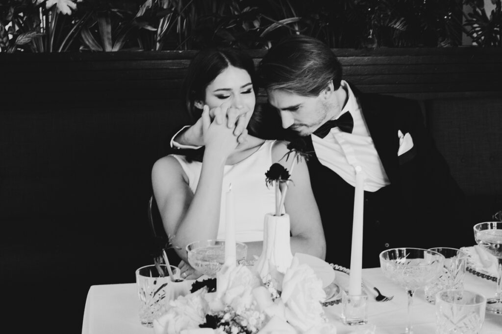 Panama Dining Room Melbourne wedding photography. A couple having their wedding photos taken in Panama Dining room, that are happy and laughing.