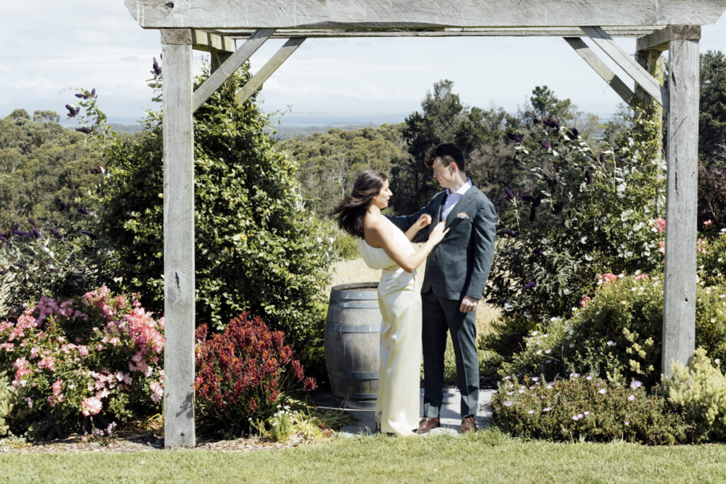 Gurney Cidery Wilsons Prom wedding photography. A couple having their wedding photos taken in Gurney Cidery, that are happy and laughing.