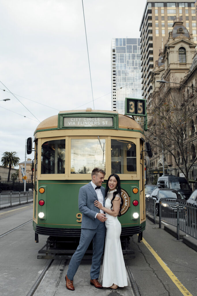 Wedding photos in front of the melbourne vintage circle tram