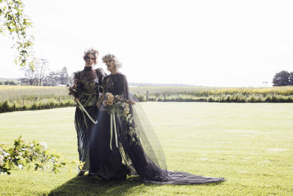 LGBTQI+ wedding in Macedon Ranges. Macedon ranges wedding photographer. Lesbian wedding in Dayelsford. Alternate wedding. Moody Wedding vibes. Black Wedding dress
