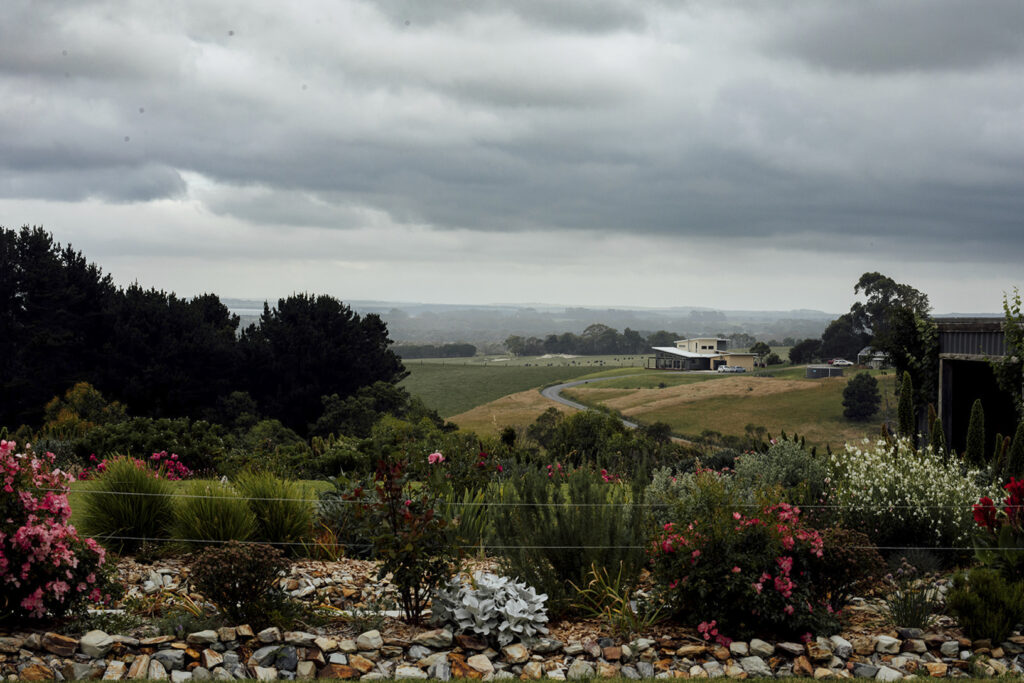 A couple having portraits at Gurney's cider. The girl wears a beautiful gold jumpsuit, windswept hair. They are snuggly and close standing the sky is dark and moody and stormy. Standing with Wilsons prom in the background.