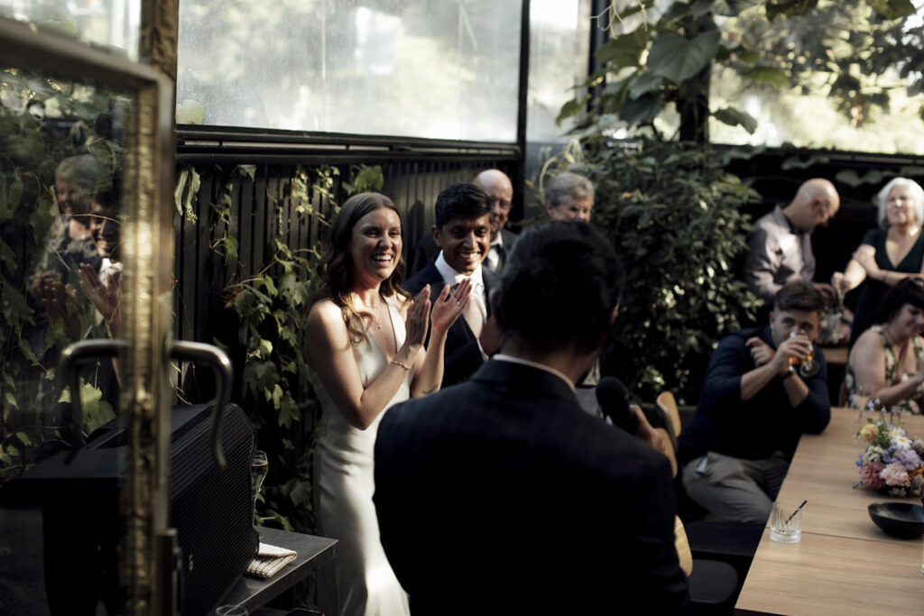 Wedding reception at the village Grae in Kew in the courtyard. The Magic of a Wine Bar Wedding in Melbourne