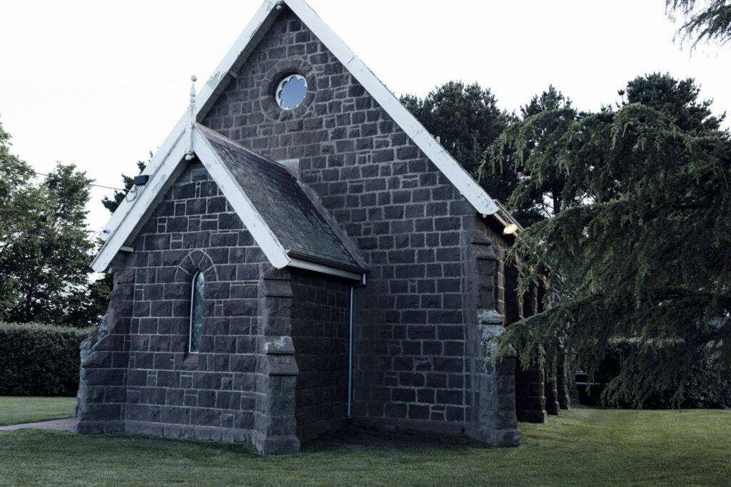 A photo of the blue stone chapel at Scrub hill in Dayelsford