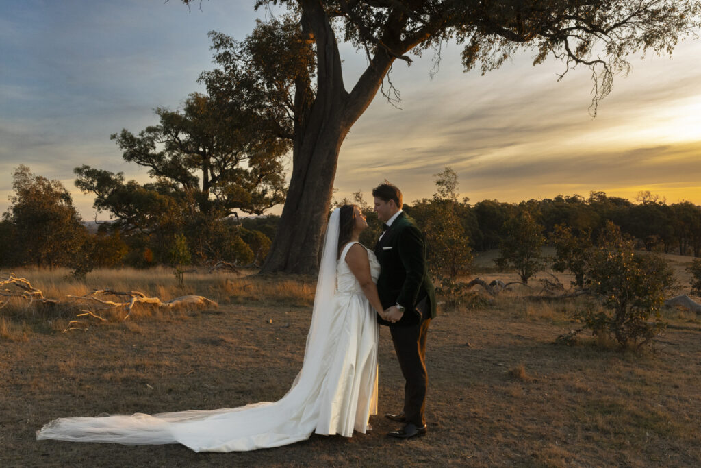 A colour image at sunset of a bride and groom standing on top of the hill behind Paramoor Winery. The bride has s tunning full length gown that is white with a long veil attached. They are standing under a tree.