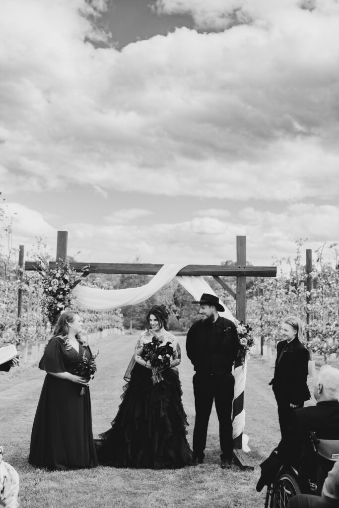ceremony space at DV Cider, the blossoms are in full bloom, there is an arbour and a bride and groom getting married, exchanging vows in an emotional led wedding.