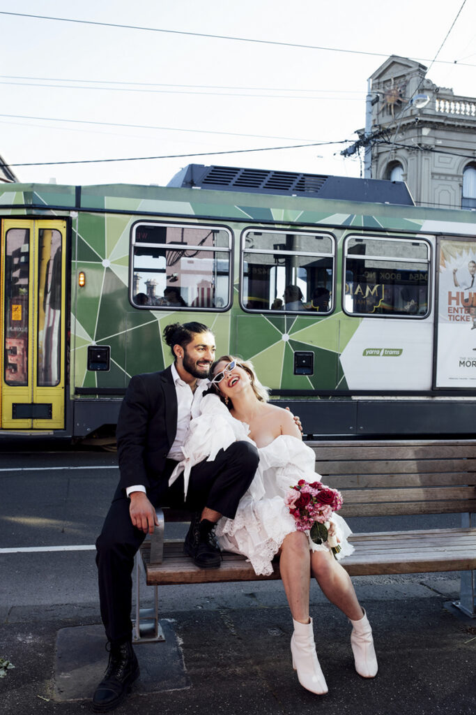bride and groom photos with melbourne tram